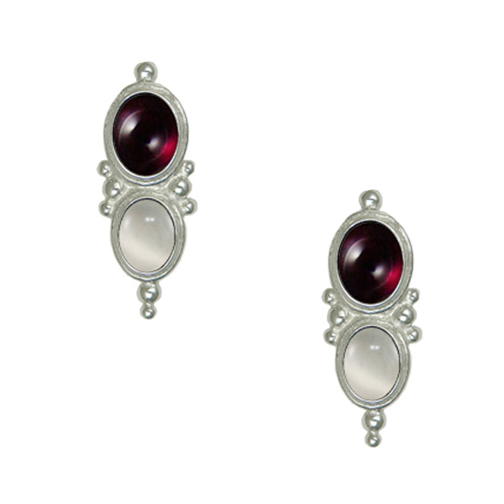 Sterling Silver Drop Dangle Earrings With Garnet And White Moonstone